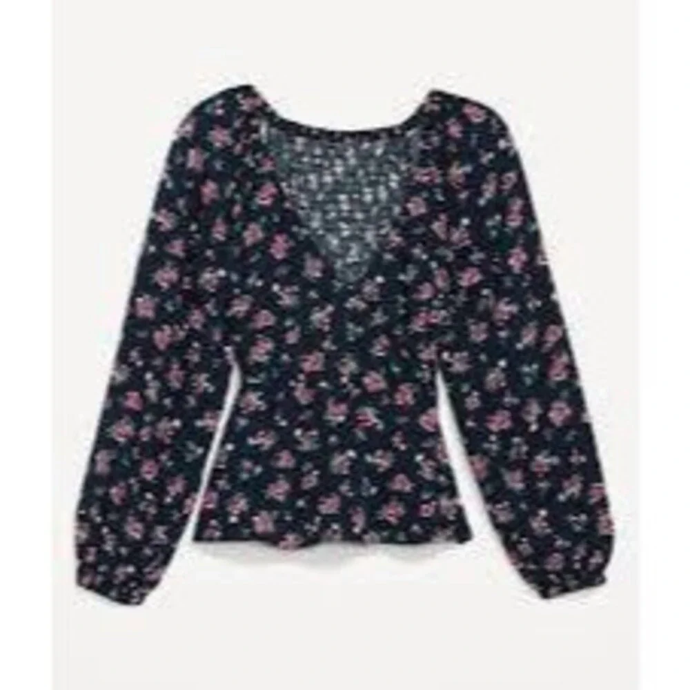 Puff-Sleeve Smocked Wrap Floral Blouse Small